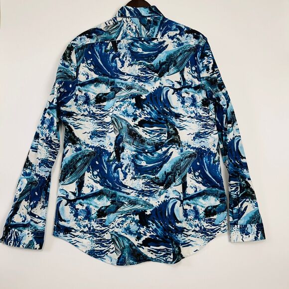 Mens Graphic Button Up Shirt Size XXL Blues Ocean Waves Slim Fit Paisley &‎ Gray - Picture 12 of 16